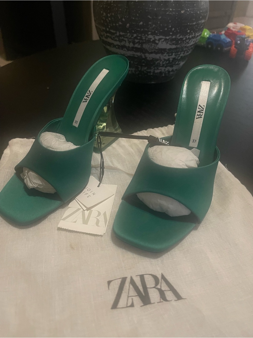 ZARA Emerald Green Open-Toe Clear-Heel Mules